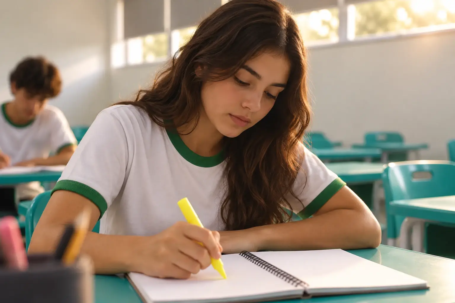 Aluna do Ensino Médio concentrada, grifando o caderno com marca-texto
